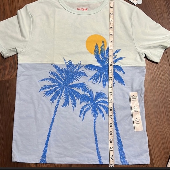 NWT short sleeve 2 tone blue/white t-shirt w/h palm trees sun Boys L - Picture 3 of 9